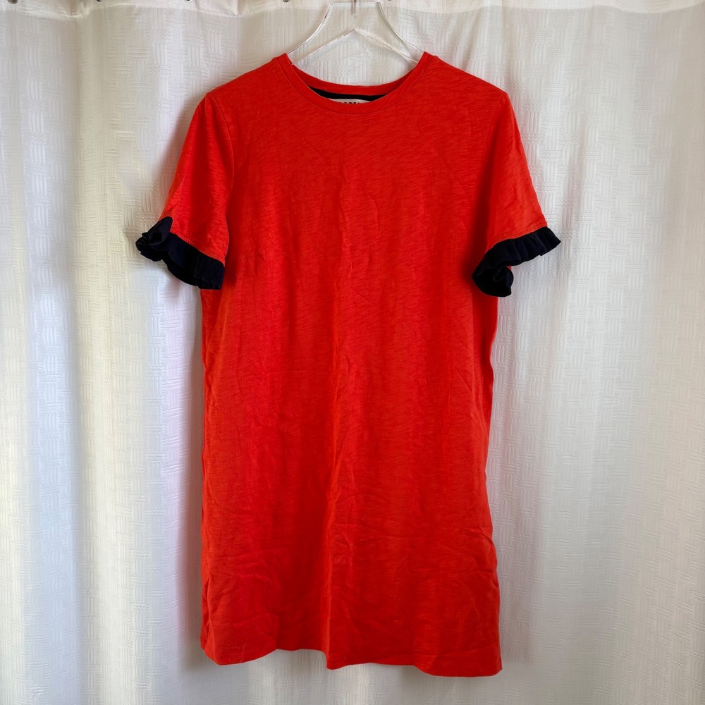 Boden Jersey T-Shirt Dress Red Orange Navy Blue Ruffle Sleeve Crew Neck Size XL